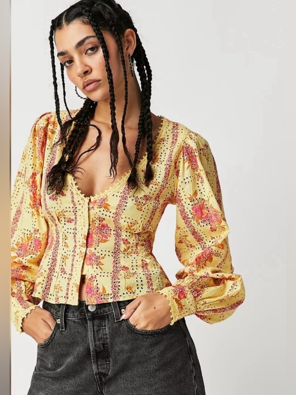 FREE PEOPLE Wallflower Blossom Eyelet Crop Boho Blouse Size Large